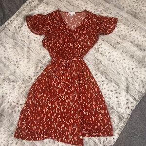 Nine West Red Abstract Print Flutter Sleeve Belted Dress | Size L